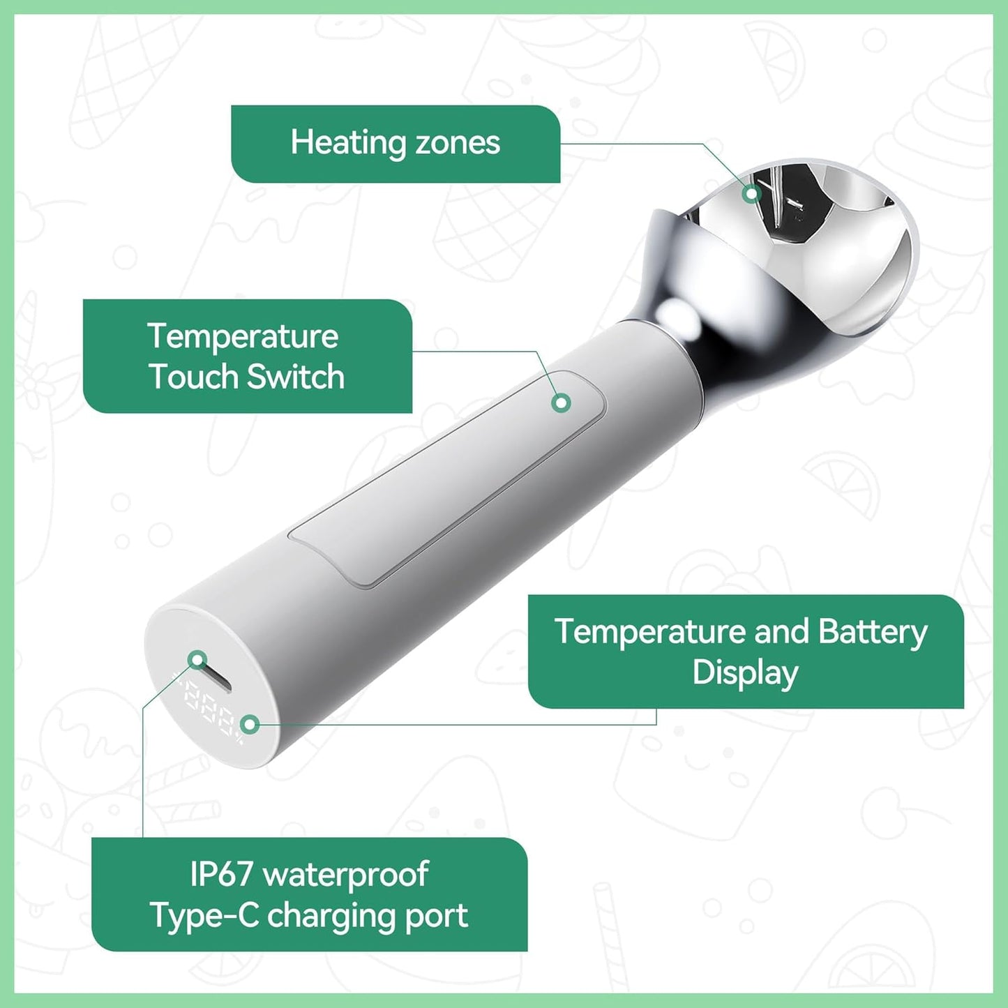 Heated Ice Cream Scoop Rechargeable - Electric Ice Cream Scoop for Hard Ice Cream, Preheats to 158°F, Self-Warming with LED Display, Off-White