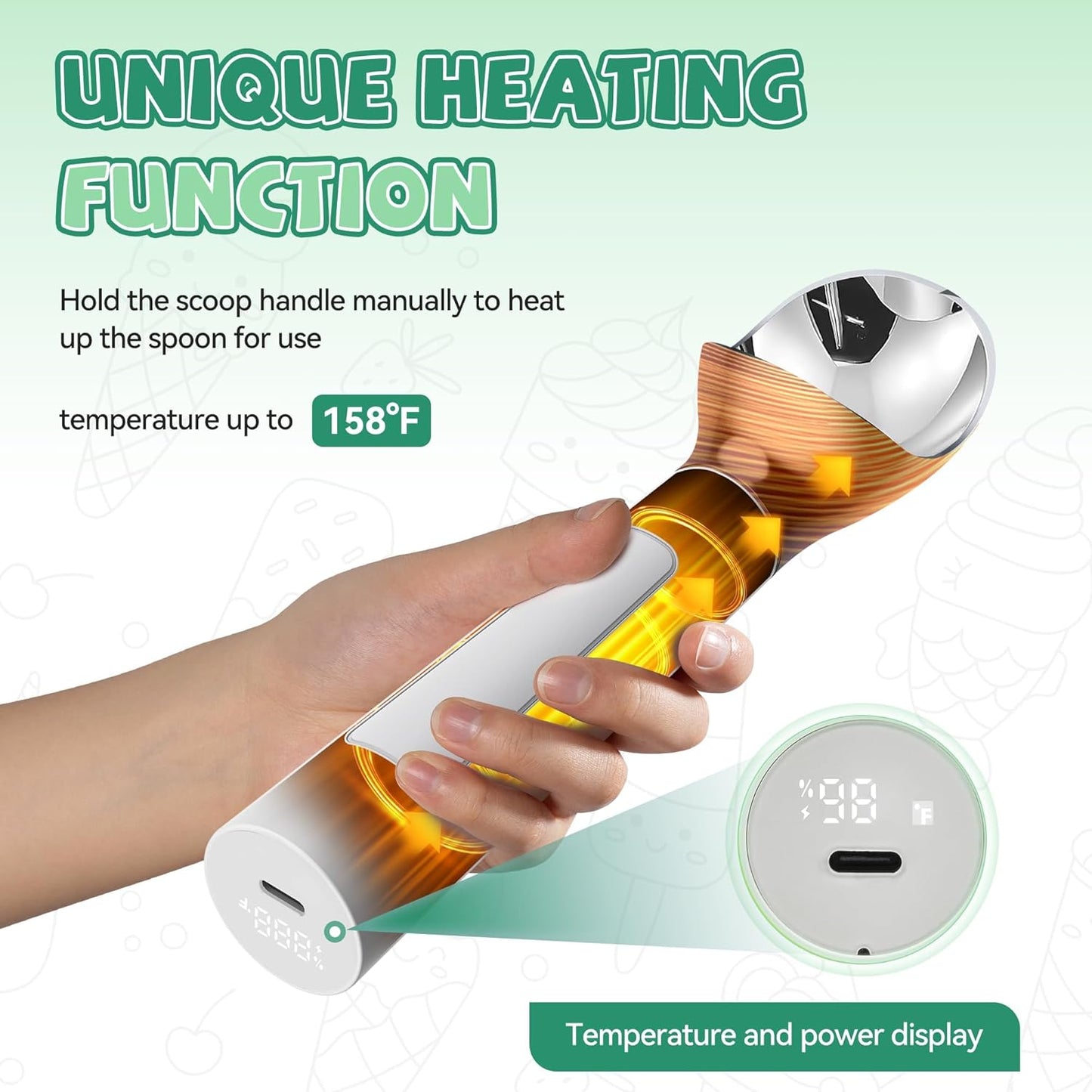 Heated Ice Cream Scoop Rechargeable - Electric Ice Cream Scoop for Hard Ice Cream, Preheats to 158°F, Self-Warming with LED Display, Off-White