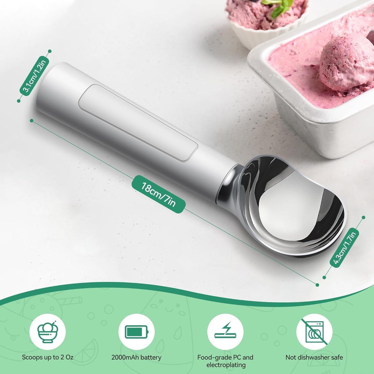 Heated Ice Cream Scoop Rechargeable - Electric Ice Cream Scoop for Hard Ice Cream, Preheats to 158°F, Self-Warming with LED Display, Off-White