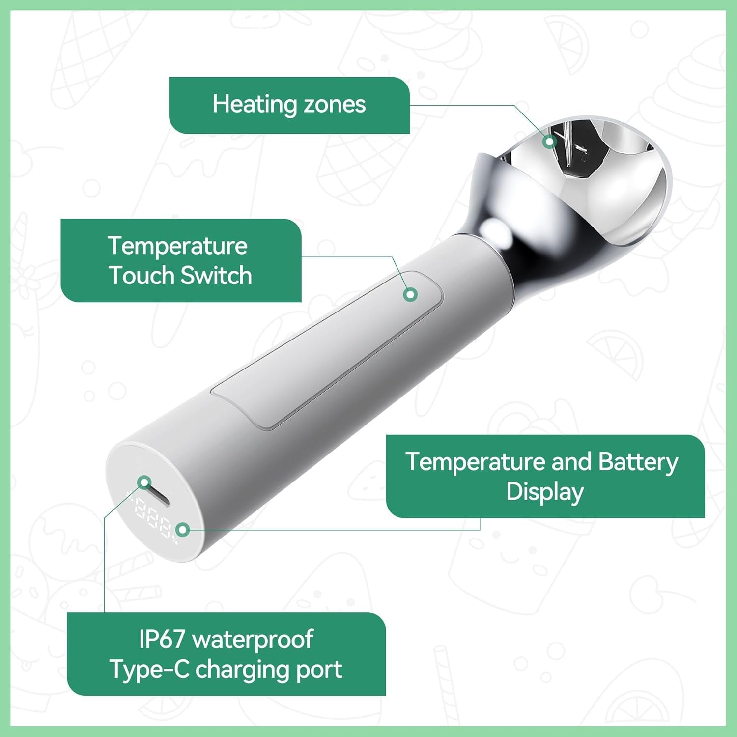 Heated Ice Cream Scoop Rechargeable - Electric Ice Cream Scoop for Hard Ice Cream, Preheats to 158°F, Self-Warming with LED Display, Off-White